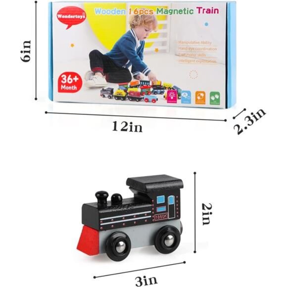 16 Piece Magnetic Wooden Train Set for Toddlers - Includes Storage - Picture 3 of 7